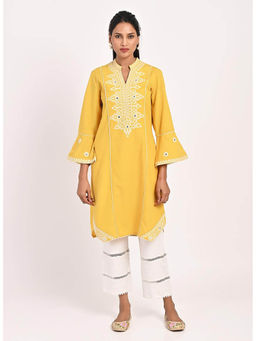 Lakshita - Yellow Mid-length Cotton Kurti for Women with Embroidery