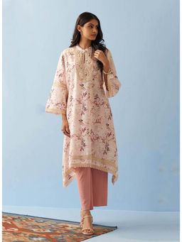 Lakshita - Beige Floral Printed Loose Fit Kurta with Lace Inserts