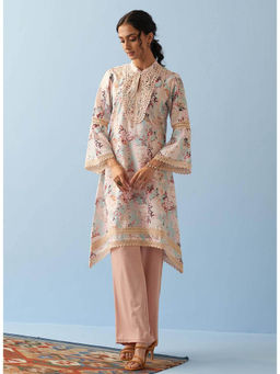 Lakshita - Spa Blue Floral Printed Loose Fit Kurta with Lace Inserts