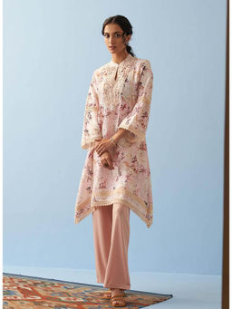 Lakshita - Pink Floral Printed A-Line Fit Kurta with Lace Inserts