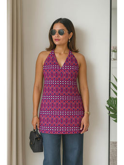 Kaori By Shreya - Women’s Printed Halter Neck Short Tunic- Purple
