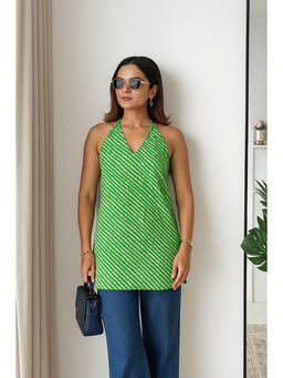 Kaori By Shreya - Women’s Printed Halter Neck Short Tunic-Green