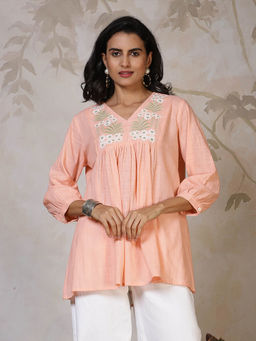 MEENA BAZAAR - Peach Printed Cotton Tunic