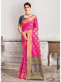 Sangam Prints - Pink Woven Work Traditional Saree with Unstitched Blouse