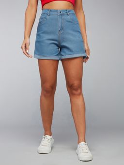 DOLCE CRUDO - Women's Blue Relaxed Fit Clean Look Mid Rise Denim Shorts