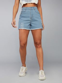 DOLCE CRUDO - Women's Blue Relaxed Mid Rise Non Stretchable Denim Shorts