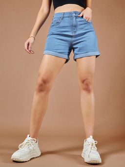 DOLCE CRUDO - Women's Blue Relaxed Fit Clean Look Mid Rise Denim Shorts