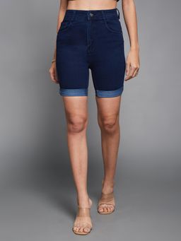 Miss Chase - Women's Navy Blue Skinny High Rise Length Stretchable Denim Shorts