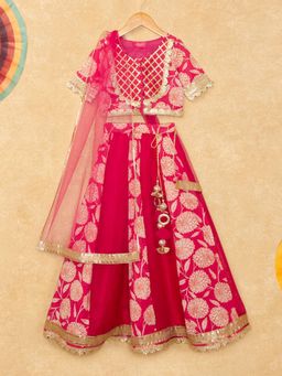 Hopscotch - Lace Embellished Blouse and Lehenga with Dupatta