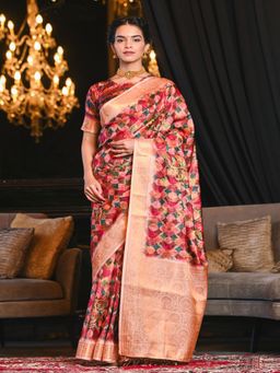 Beatitude - Multicolor Digital Print Soft Blended Silk Saree with Zari Border with Unstitched Blouse