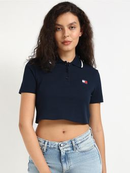Tommy Hilfiger - Womens Solid Navy Blue Crop Polo T-Shirt