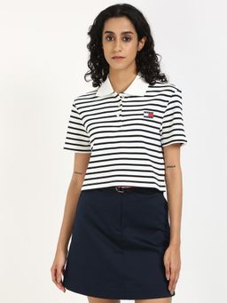Tommy Hilfiger - Womens Stripes White Polo Crop T-Shirt