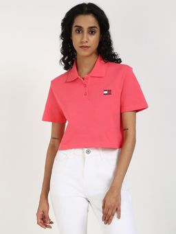 Tommy Hilfiger - Womens Solid Pink Polo Crop T-Shirt
