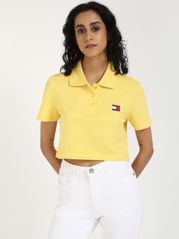 Tommy Hilfiger - Womens Solid Yellow Polo Crop T-Shirt