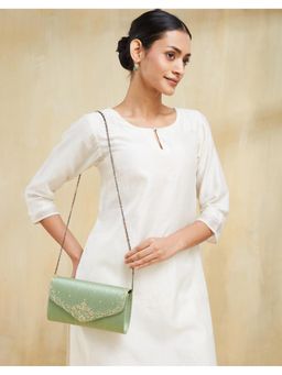 Fabindia - Green Silk Blend Hand Embroidered Clutch (L)