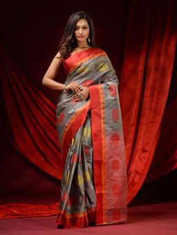 CHARUKRITI - Grey Tusser Silk Woven Floral Motifs and Paisley Borders Saree