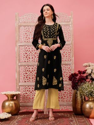 ADA Black and Fawn Ethnic Embroidered Lucknowi Chikankari Cotton Kurta
