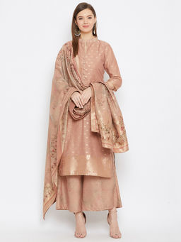 Safaa - Banarasi Moonga Silk Brocade with Buttons On Neck Unstitched Dress Material & Print Dupatta
