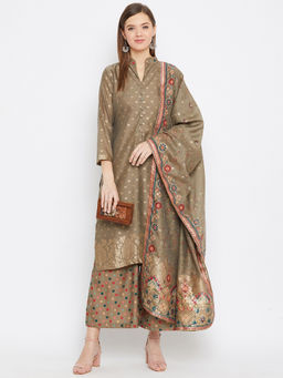Safaa - Banarasi Moonga Silk Brocade with Buttons On Neck Unstitched Dress Material & Print Dupatta