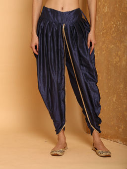 Kaanchie Nanggia - Navy Blue Cotton Silk Pleated Dhoti Pants