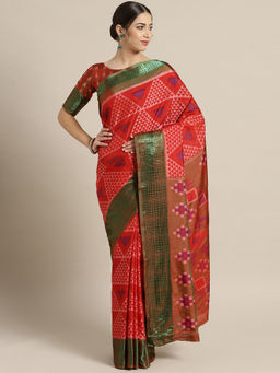 Sareemall - Red Cotton Silk Printed Saree with Unstitched Blouse