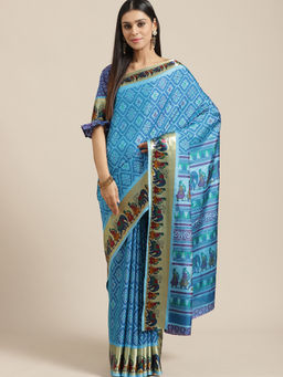 Sareemall - Sky Blue Cotton Silk Printed Saree with Unstitched Blouse