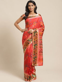 Sareemall - Red Floral Saree with Unstitched Blouse