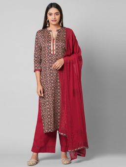 Biba - Red Printed Unstitched Dress Material (Set of 3)