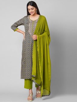 Biba - Green Printed Unstitched Dress Material (Set of 3)