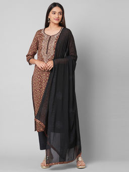 Biba - Black Printed Unstitched Dress Material (Set of 3)