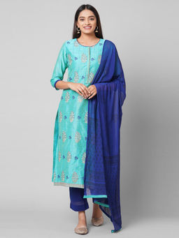 Biba - Blue Gadwal Easy Unstitched Suit (Set of 3)