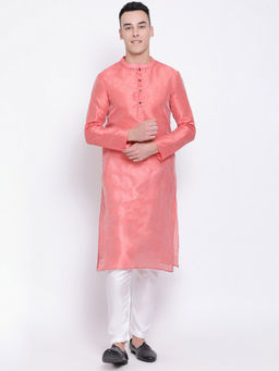 Devoiler - Men Peach-Coloured Solid Straight Kurta
