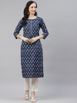 Divena - Blue Booti Print Cotton Straight Kurta
