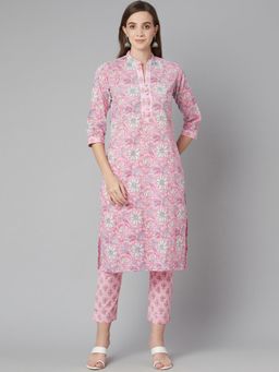 Divena - Pink Floral Printed Cotton Kurta Pant (set Of 3)