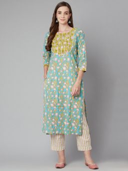 Divena - Sky Blue Floral Printed Cotton Kurta Pant (set Of 2)