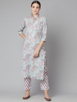 Divena - Grey Pastel Floral Printed Cotton Kurta Pant (set Of 2)