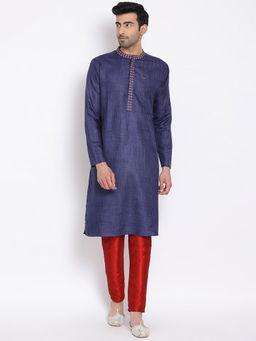 Devoiler - Men Blue Thread Work Woven Design Mandarin Collar Regular Sleeves Kurta