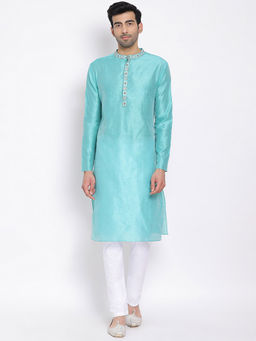 Devoiler - Men Turquoise Blue Thread Work Silk Kurta