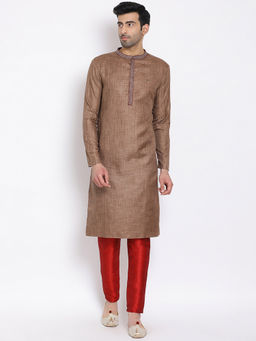 Devoiler - Men Brown Thread Work Woven Design Mandarin Collar Regular Sleeves Kurta