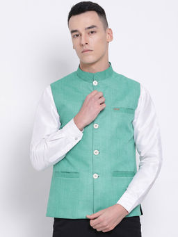 Devoiler - Regular Fit Ethnic Wear Nehru Jacket For Men Turquoise