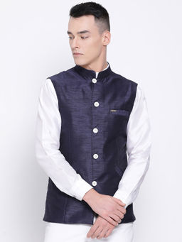 Devoiler - Regular Fit Ethnic Wear Nehru Jacket For Men Navy Blue