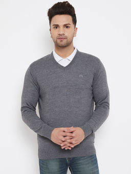 98 Degree North - Grey Solid V Neck Full Sleeve Sweater