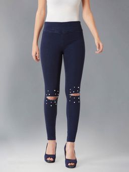 DOLCE CRUDO - Navy Blue Knee Slit Embellished Denim Jeggings