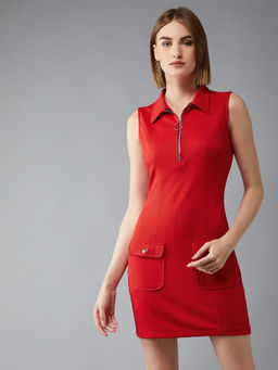 DOLCE CRUDO - Womens Red Round Neck Sleeveless Solid Front Pocketed Mini Shift Dress