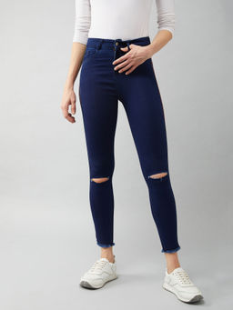 DOLCE CRUDO - Navy Blue Skinny Fit High Rise Cropped Denim Stretchable Jeans