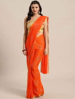 Akhilam - Orange Embellished Saree With Unstitched Blouse