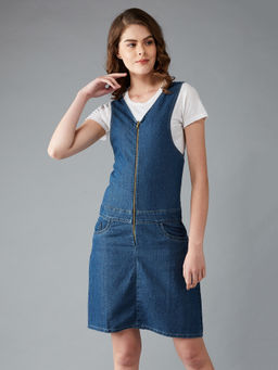 DOLCE CRUDO - Navy Blue Dungaree Style Mini Denim Dress