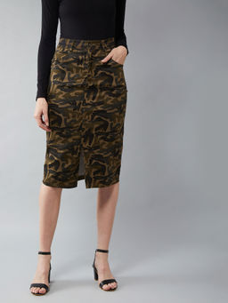 DOLCE CRUDO - Olive Green Cotton Printed Bodycon Midi Skirt