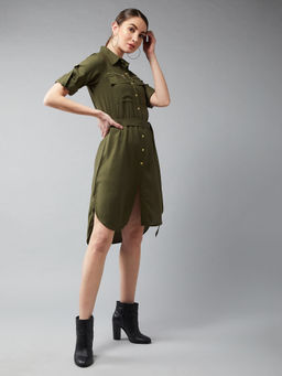 DOLCE CRUDO - Womens Olive Green Collared Three Quarter Sleeved Solid Knee-length Shirt Dress
