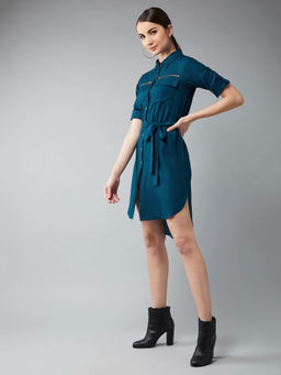 DOLCE CRUDO - Womens Teal Collared Three-fourth Sleeved Solid Knee-length Shirt Dress